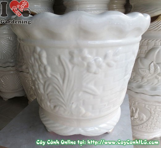 Chậu men trắng tứ quý cao 42cm họa tiết tinh xảo