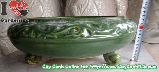Chậu bonsai men xanh lục tròn – chi tiết men bóng