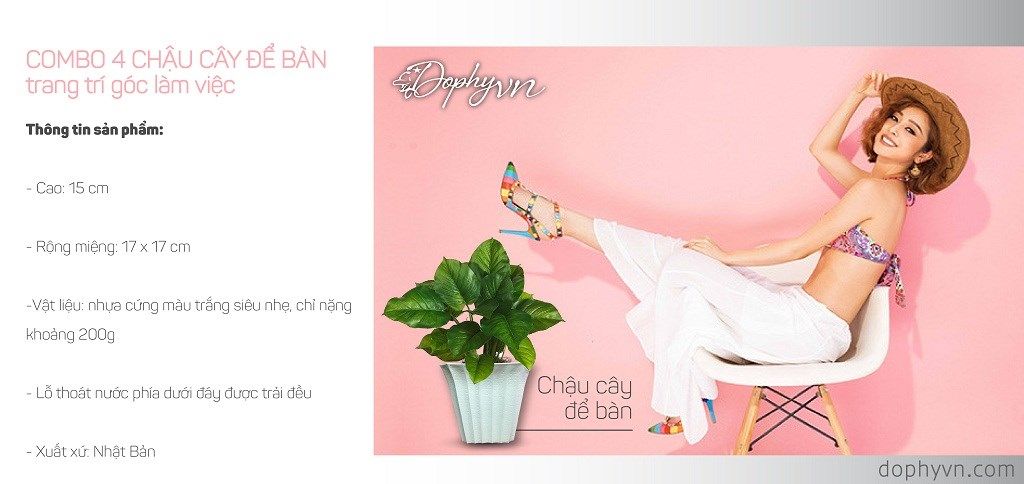 Combo 4 chậu cây để bàn vuông màu trắng trồng cây cảnh trong nhà