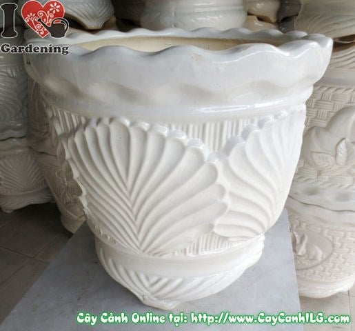 Thiết kế họa tiết chiếc lá trên chậu Ba Chân Men Trắng cao 44cm