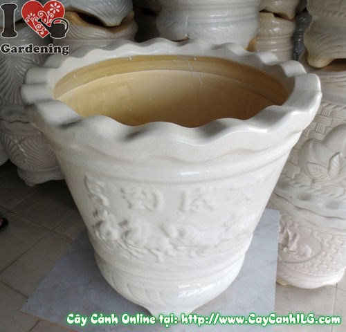 Chậu ba chân men trắng tròn mã đáo thành công 45cm - chi tiết hoa văn