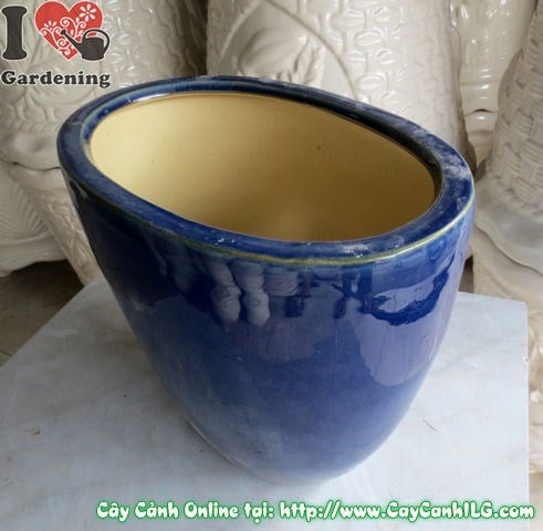 Chậu bầu dục men xanh dương Ms 04842 nhìn nghiêng