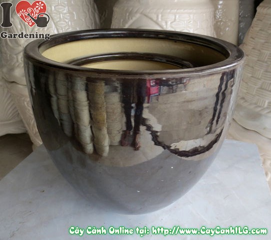 Chậu men đen tròn nhẵn cao 26cm – view chi tiết bề mặt men bóng