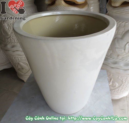 Chậu men trắng tròn nhẵn cao 40cm – góc chụp từ trên xuống, thấy miệng chậu