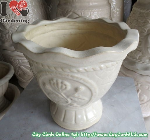 Chậu ly men trắng tròn mẫu 2 cao 31cm – góc nghiêng