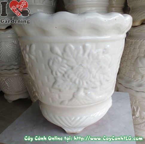 Chậu ba chân men trắng tròn tứ quý cao 42cm MS 04839