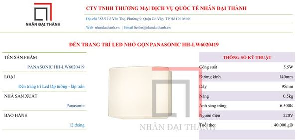 Thông số kỹ thuật Đèn trang trí Led nhỏ gọn Panasonic HH-LW6020419
